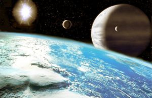 Extrasolar. 2. تصویر هنری از یک فراخورشیدی که به‌دور سیاره‌اش می‌چرخد.