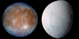 2:انسلادوس(قمر زحل) سمت راست تصویر و اروپا(قمر مشتری) سمت چپ تصویر؛ دو قمر موجود در منظومه‎‌ی شمسی ما که نامزد وجود حیات در اقیانوس‌های زیرسطحی خود هستند.