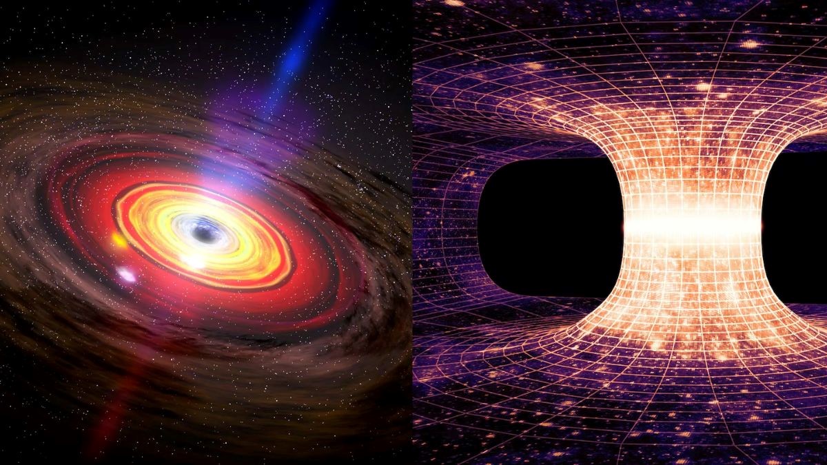 تصویر یک کرم‌ چاله در سمت راست و یک سیاه چاله در سمت چپ
